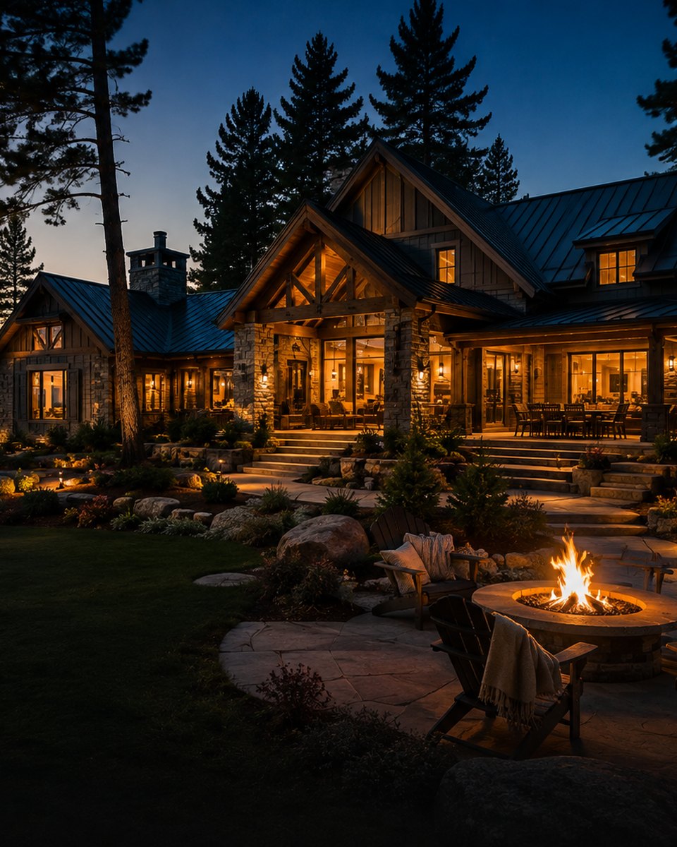 Artist’s lifestyle concept showing a waterfront cottage, forest setting and fire-pit terrace representing Traders Crossing