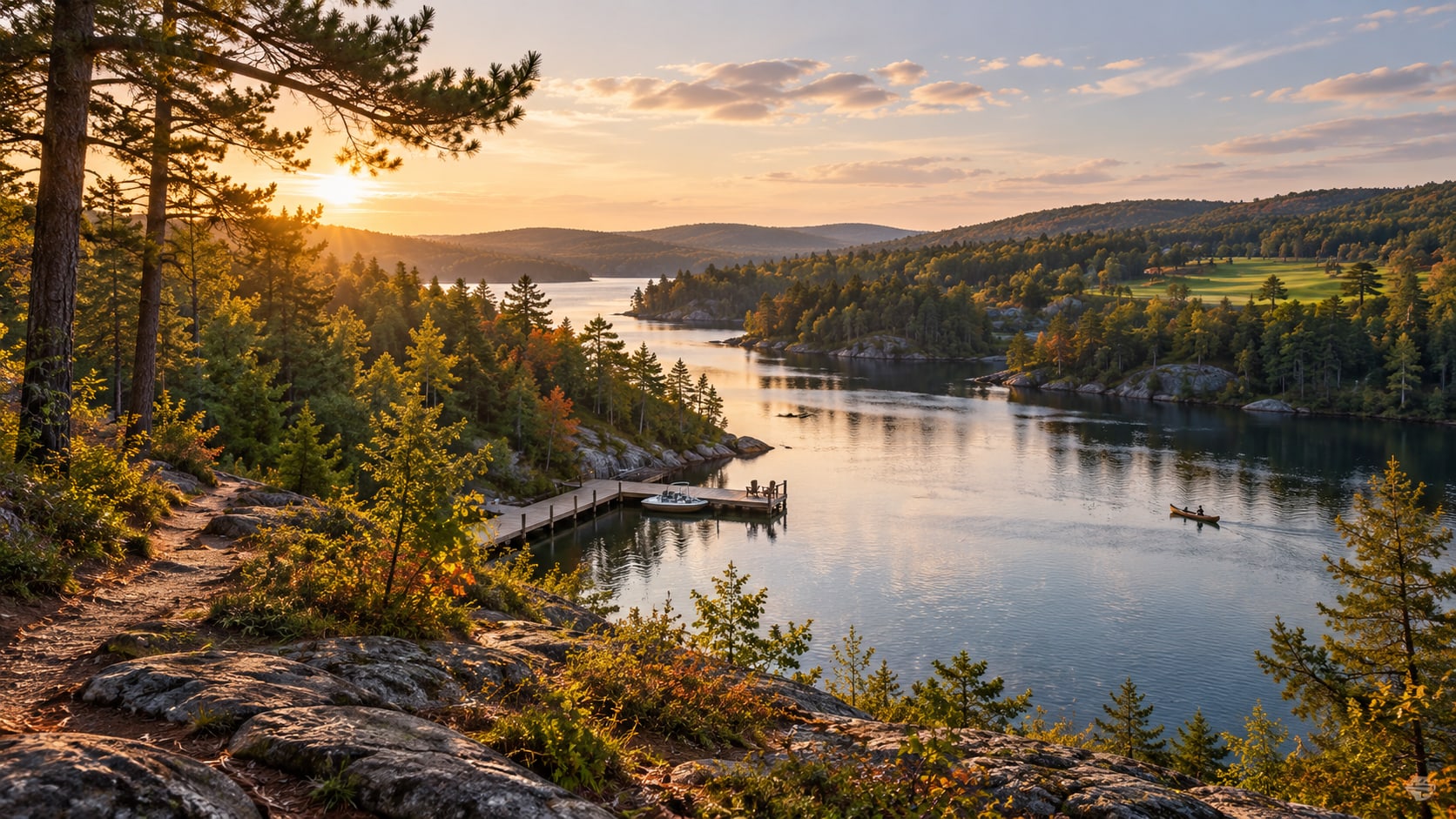 Golden-hour landscape illustration of a lake, pine-covered ridges and a rocky shoreline.