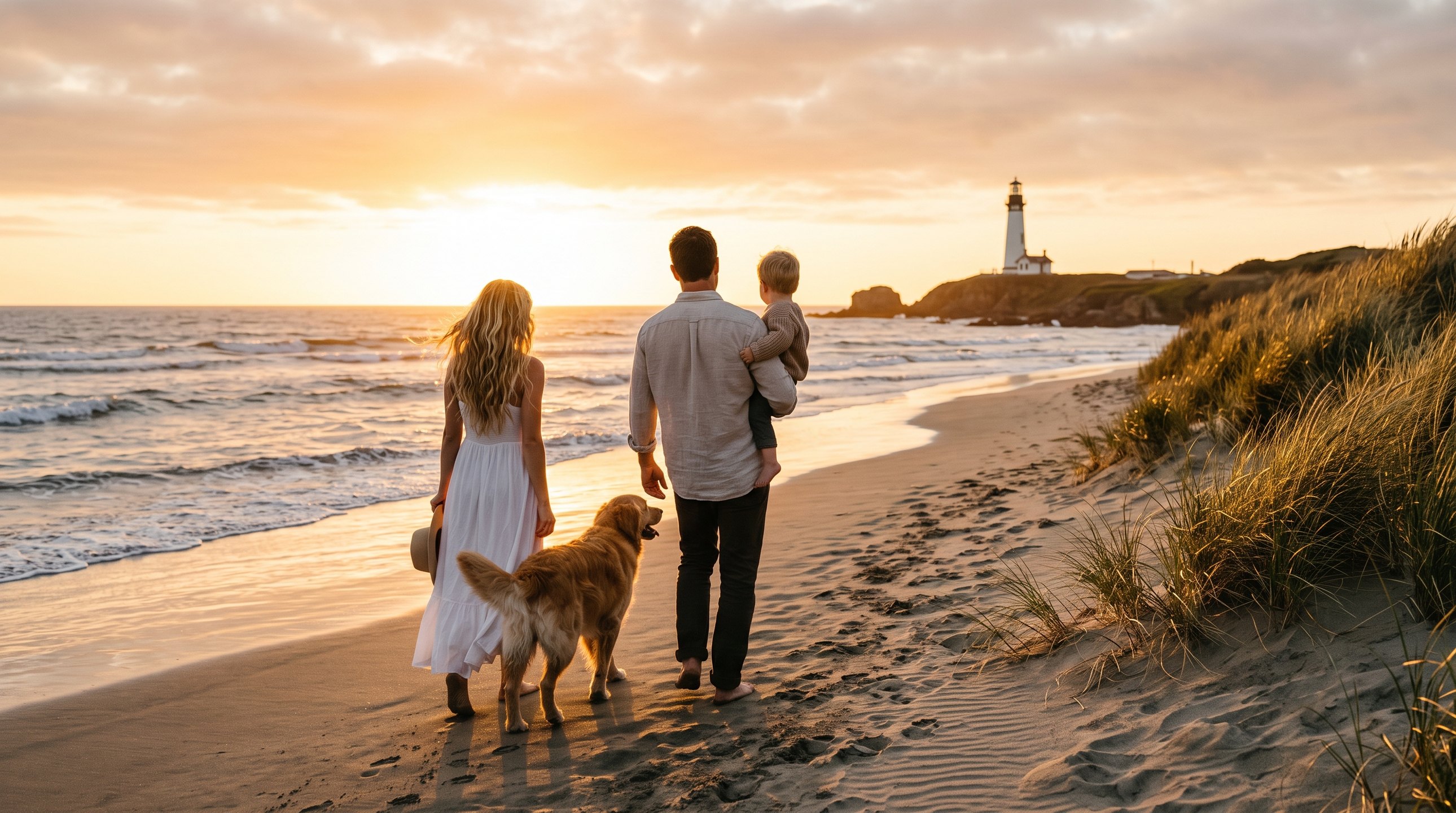 Family and dog walking along a beach at sunset.